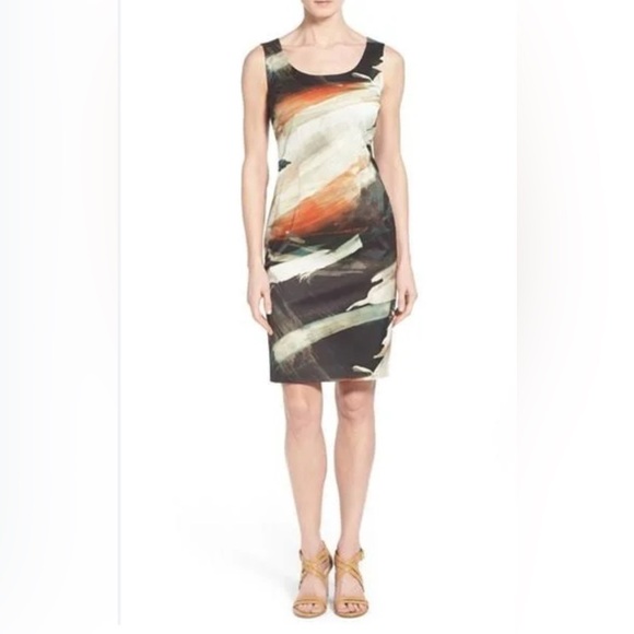 Lafayette 148 Sedona Sateen Cotton Sheath Dress Abstract Size 16 Plus Tank EUC - Picture 1 of 7